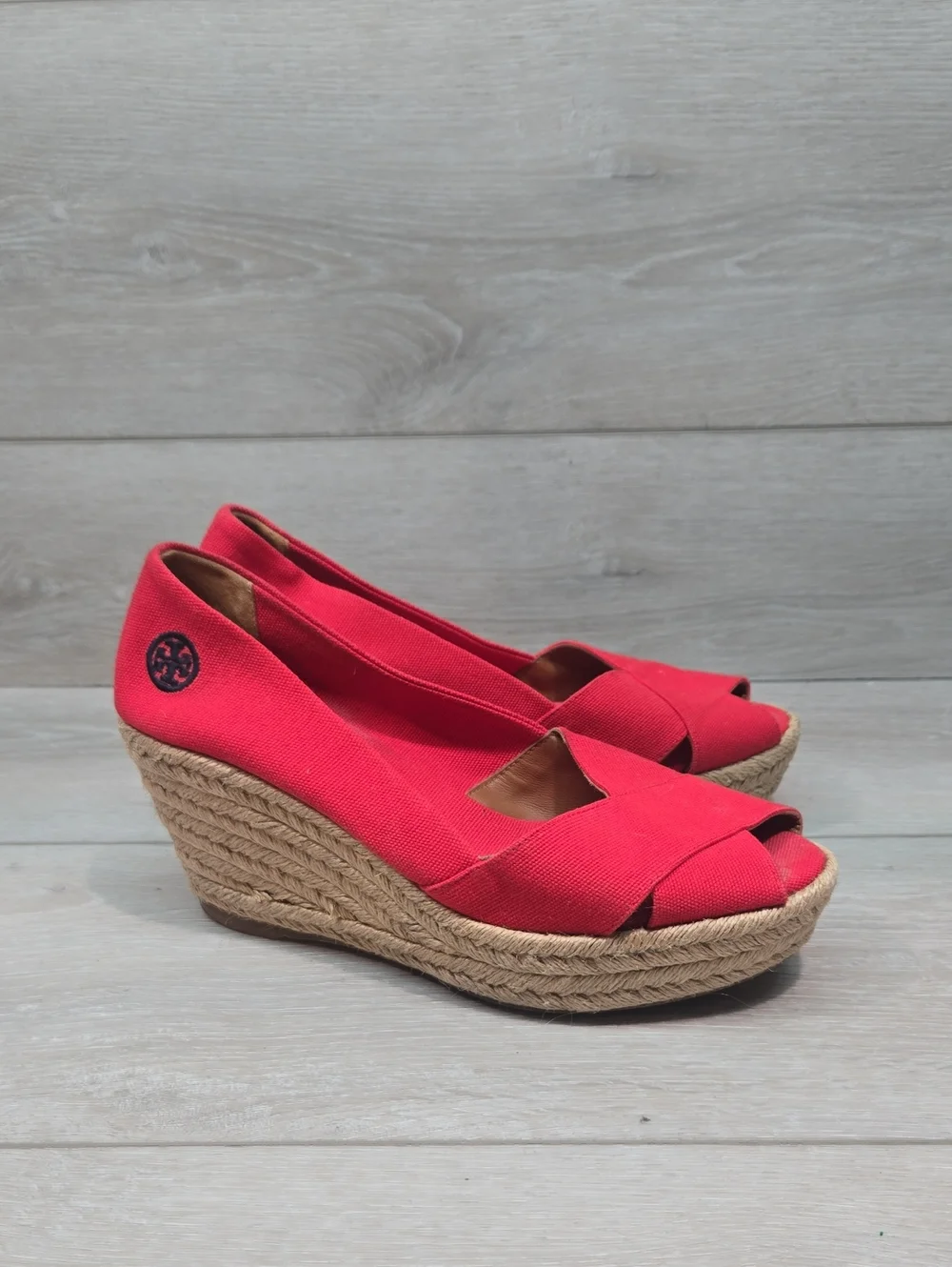 Tory Burch Women Filipa Red  Open Toe Espadrille Wedge Shoes Sandals Sz 8B